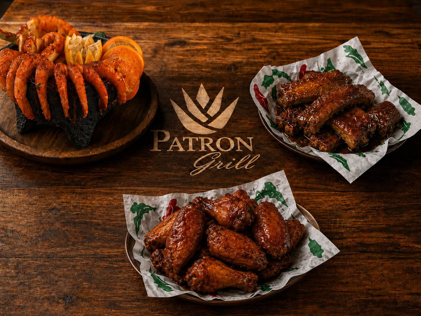 Patrón Grill — jumbo shrimp, glazed ribs & wings