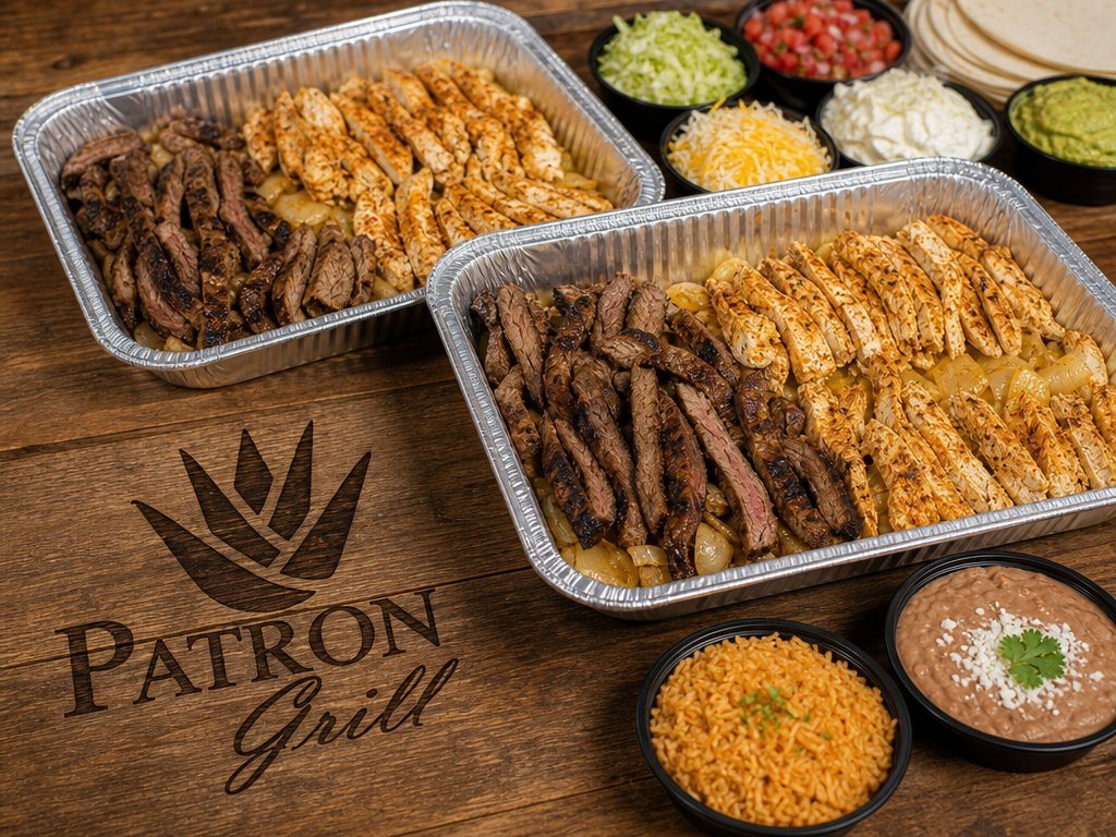 Patrón Grill catering spread — fajitas, rice, beans & sides