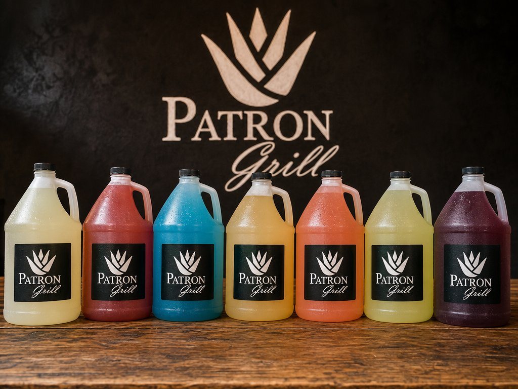 Patrón Grill drinks by the gallon — margaritas & aguas frescas in branded jugs