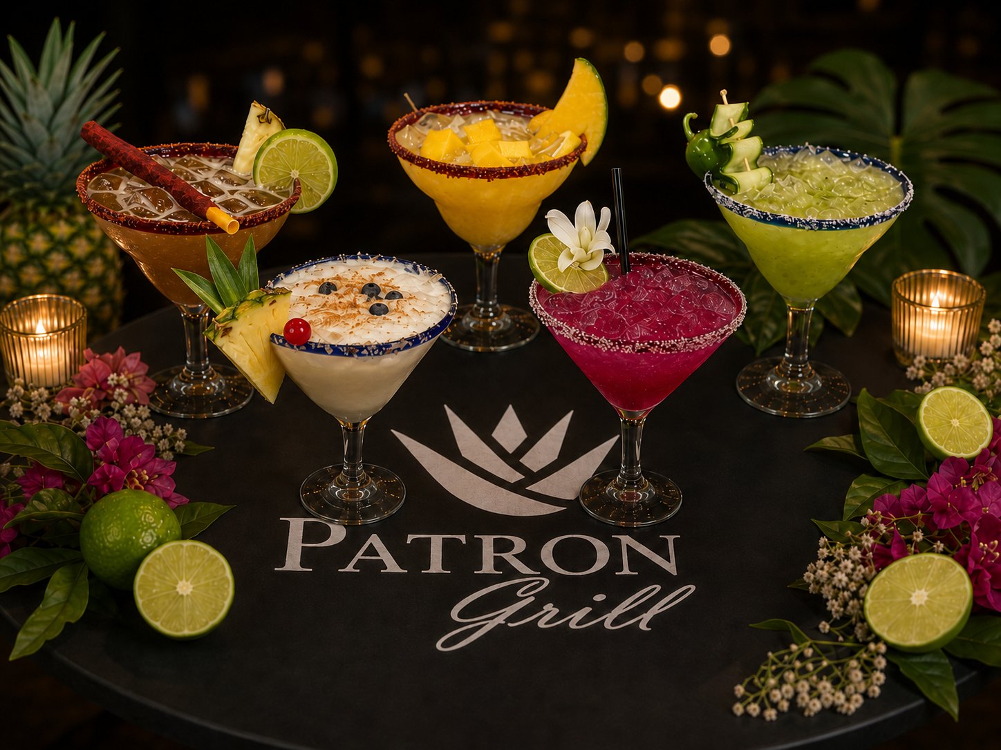 Patrón Grill handcrafted margaritas — pineapple, mango, coconut, dragon fruit & cucumber