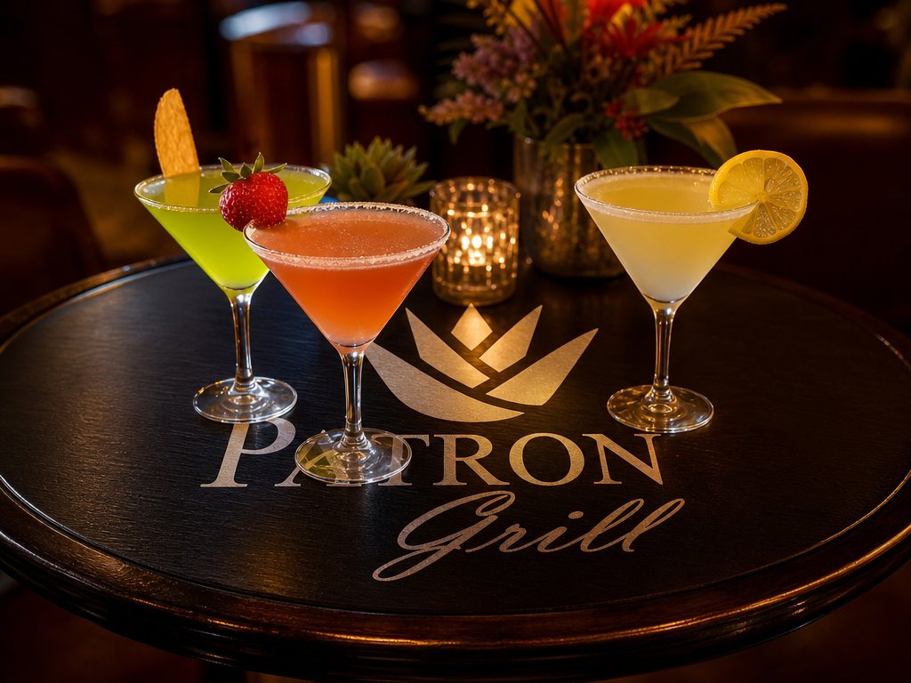 Patrón Grill martinis — appletini, cosmopolitan & lemon drop on a branded table